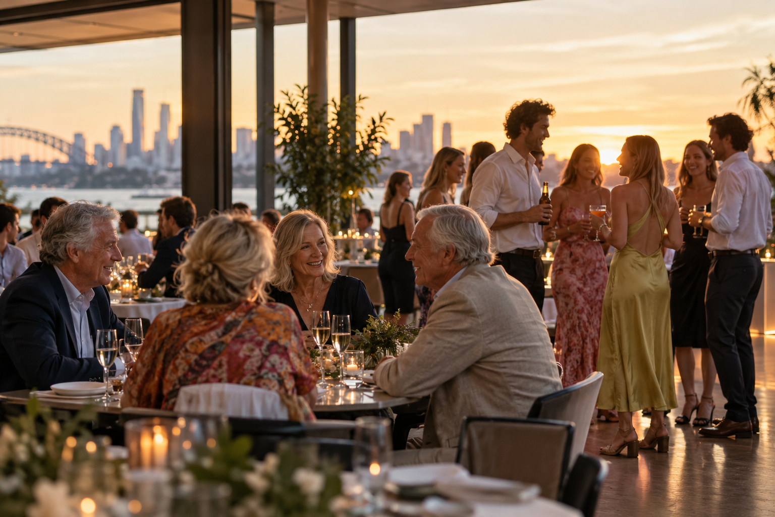 Older guests talking at tables while a younger group mingles nearby