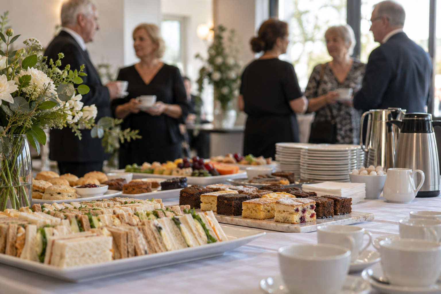 Sandwiches, slices, tea and coffee laid out for a wake