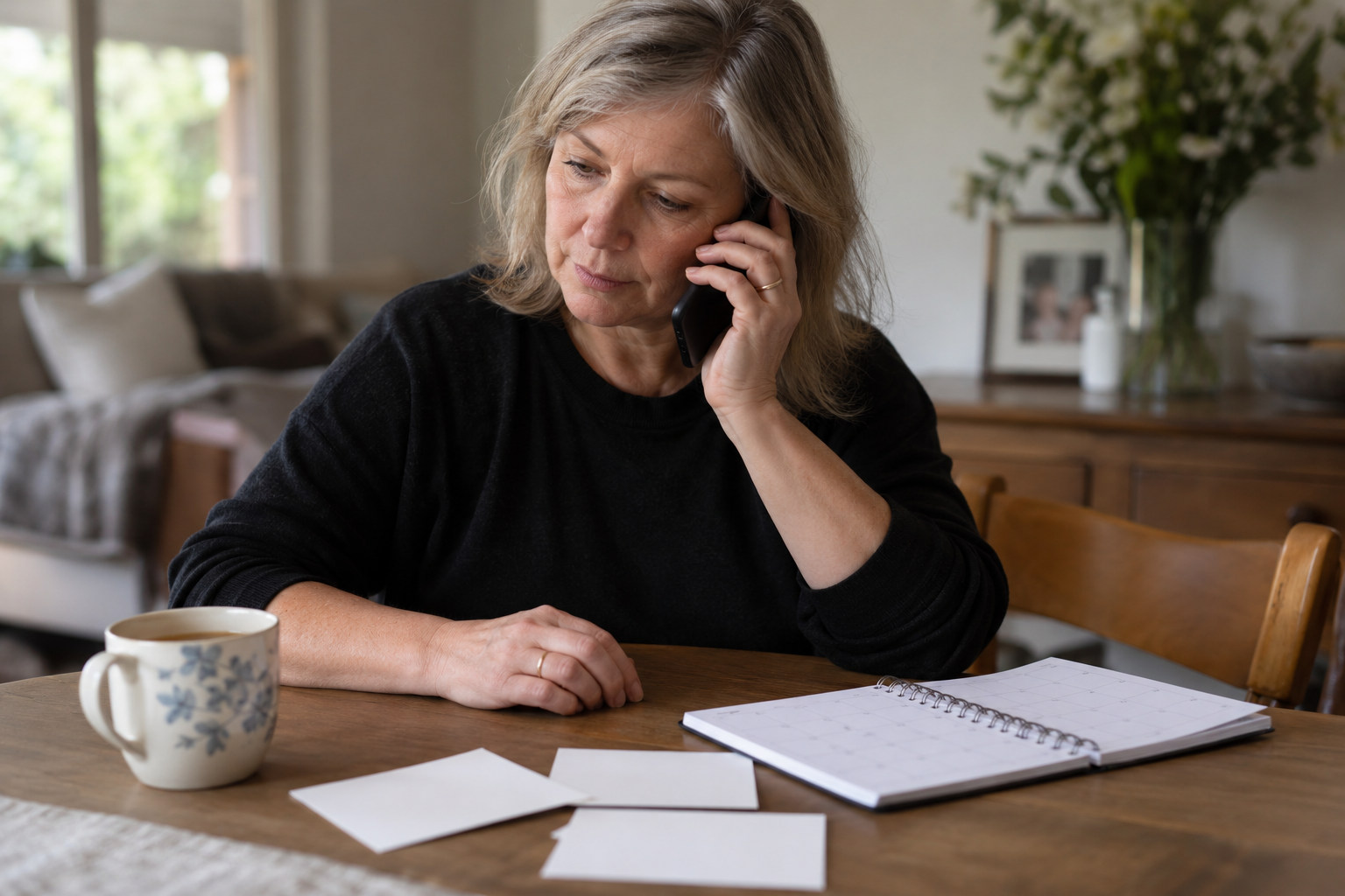Woman on the phone with a calendar and notes while arranging a gathering