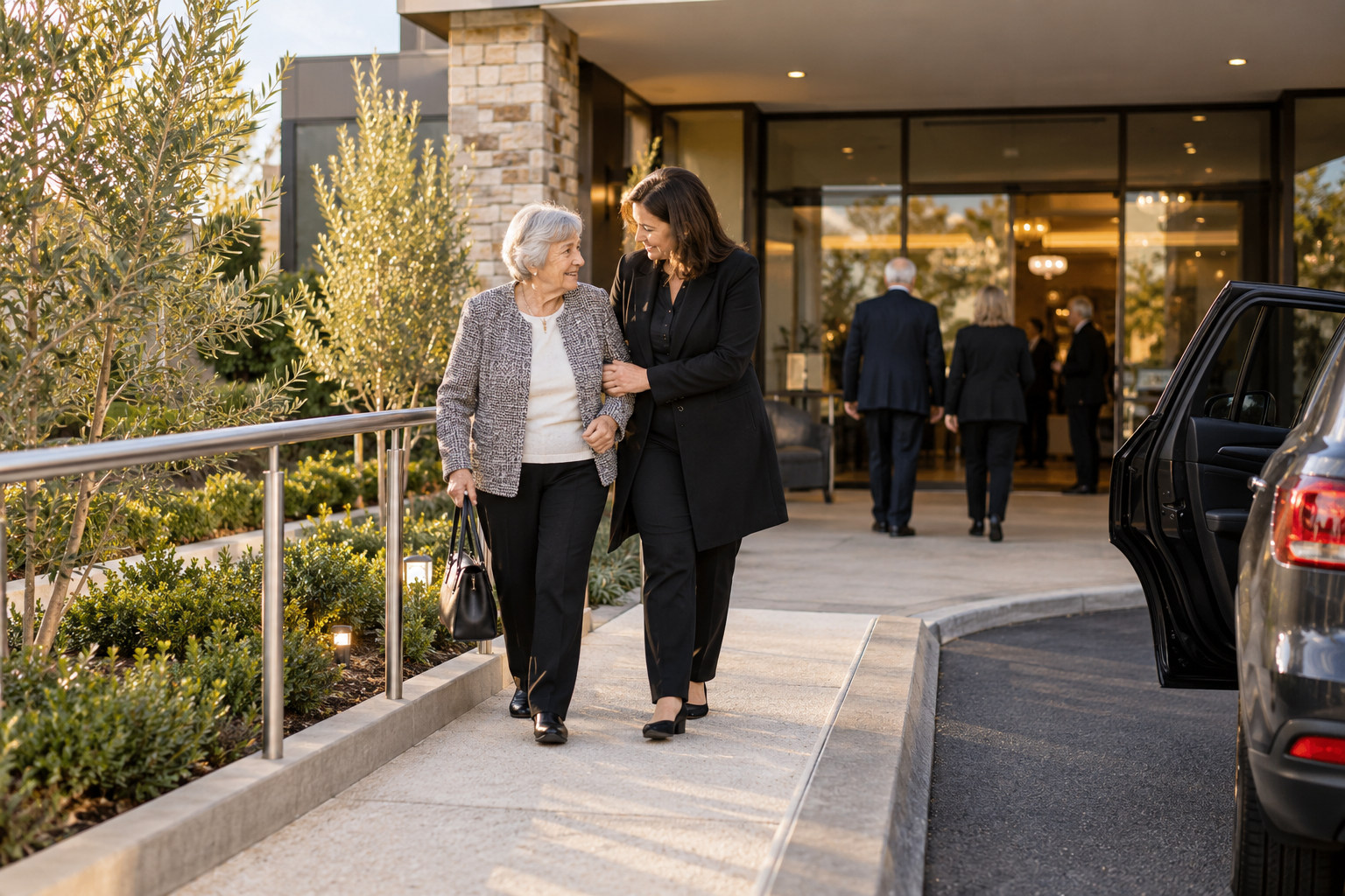 Older guest accompanied along an accessible path to a venue entrance