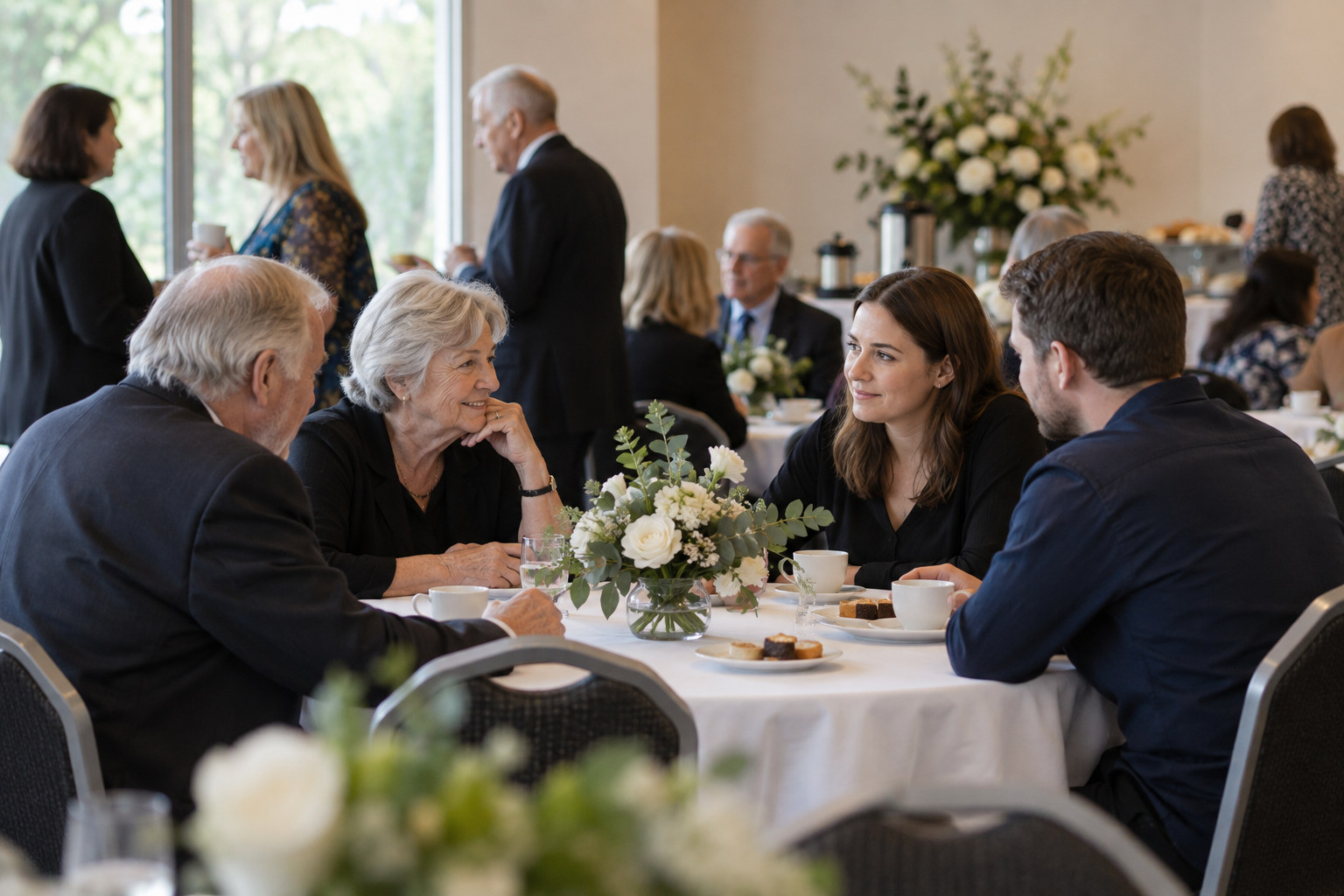 Family and friends seated together at a wake