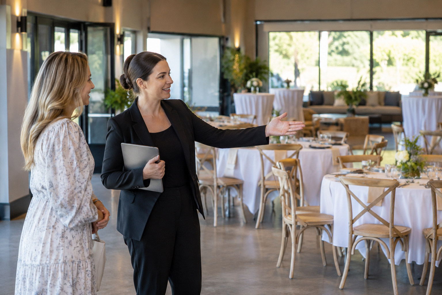 Coordinator showing a woman the layout of a function room