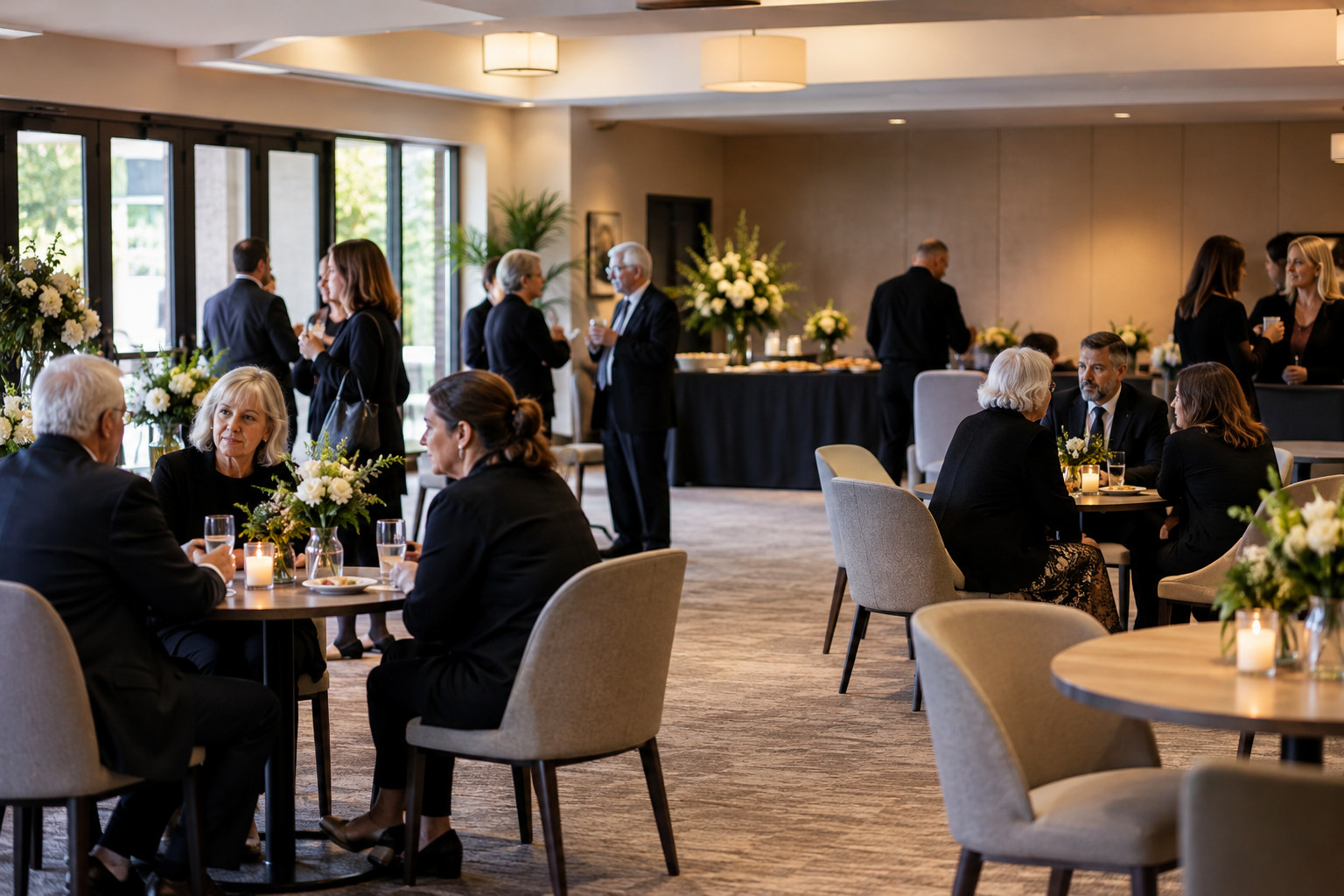 Guests gathering around tables in a flexible function room
