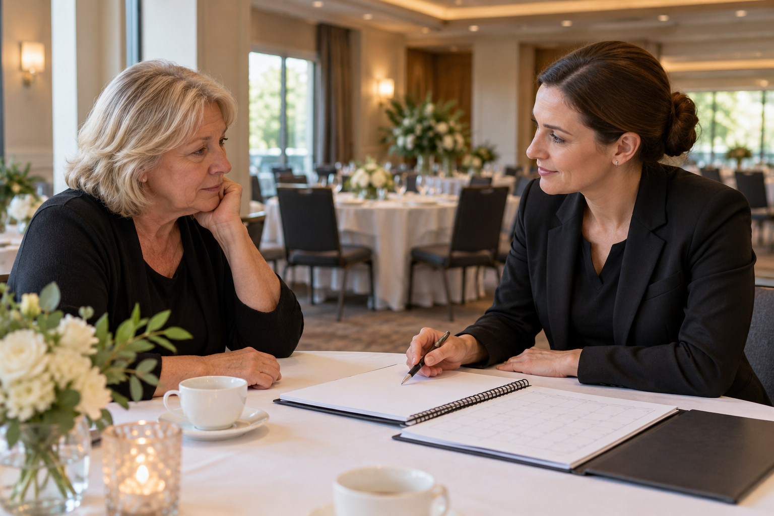 Family member discussing arrangements with a venue coordinator