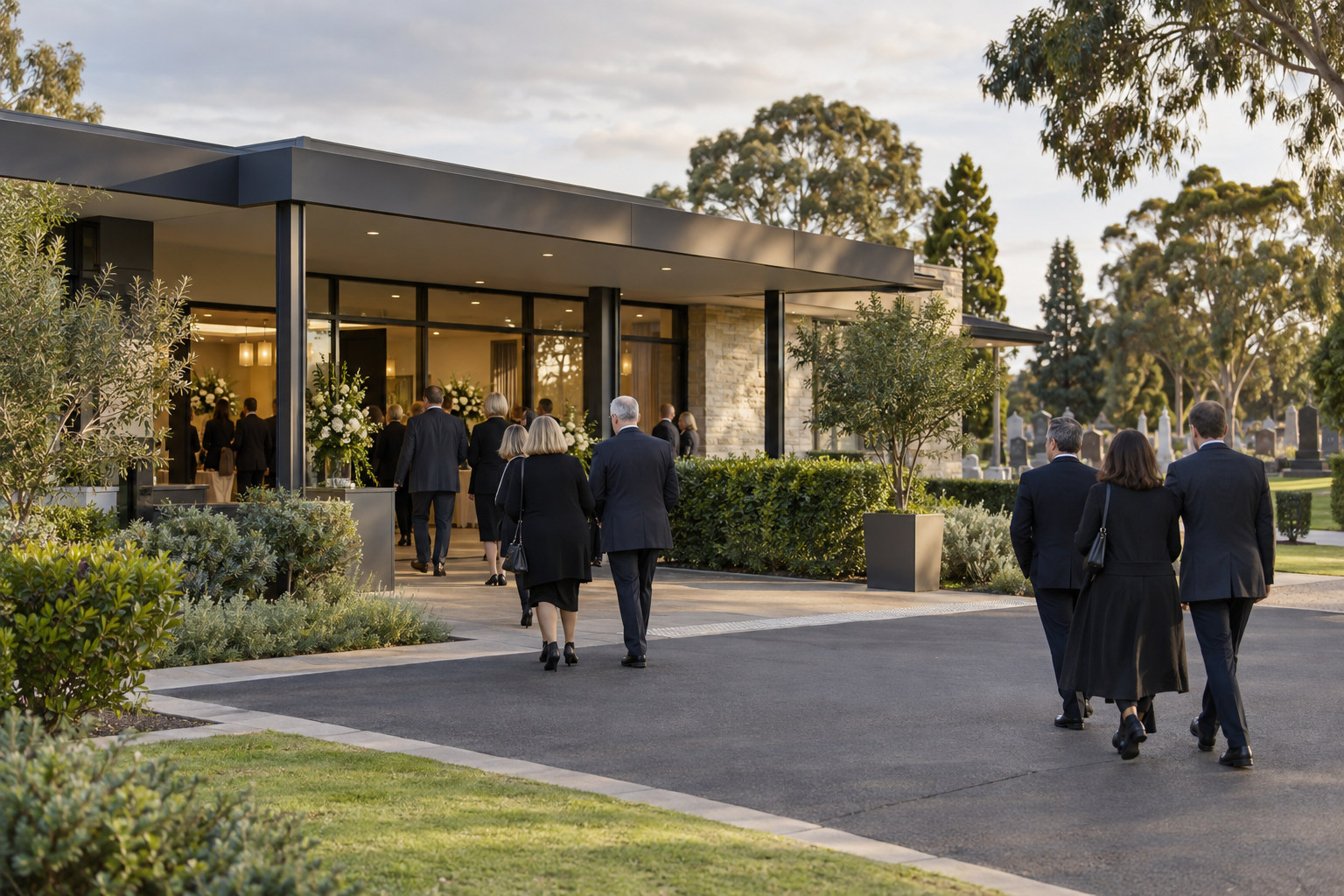 Guests walking toward an accessible suburban function venue
